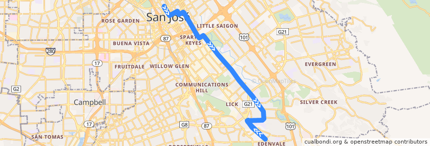 Mapa del recorrido VTA 73: Downtown San Jose => Senter & Monterey de la línea  en San Jose.