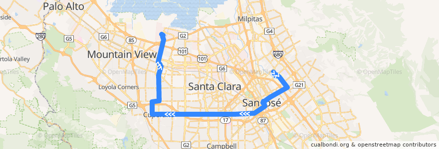 Mapa del recorrido VTA 523: Berryessa BART => Lockheed Martin de la línea  en Santa Clara County.