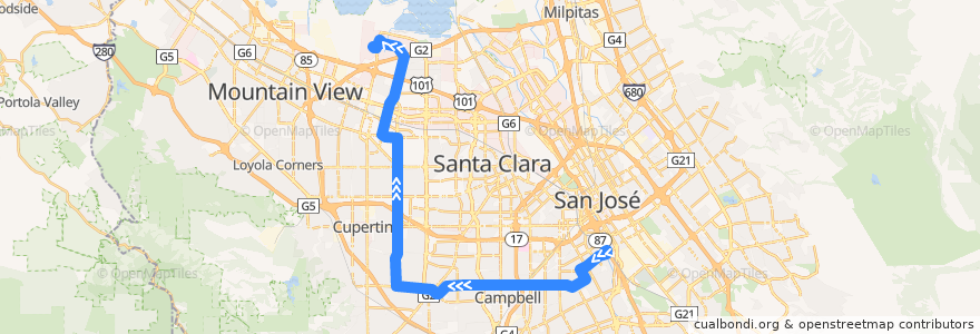 Mapa del recorrido VTA 56: Tamien => Lockheed Martin de la línea  en Santa Clara County.