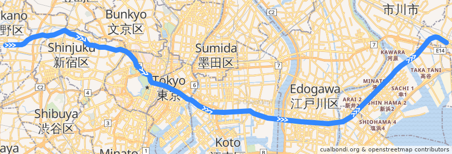 Mapa del recorrido 東京メトロ東西線 各駅停車 : 中野→西船橋 de la línea  en Japón.