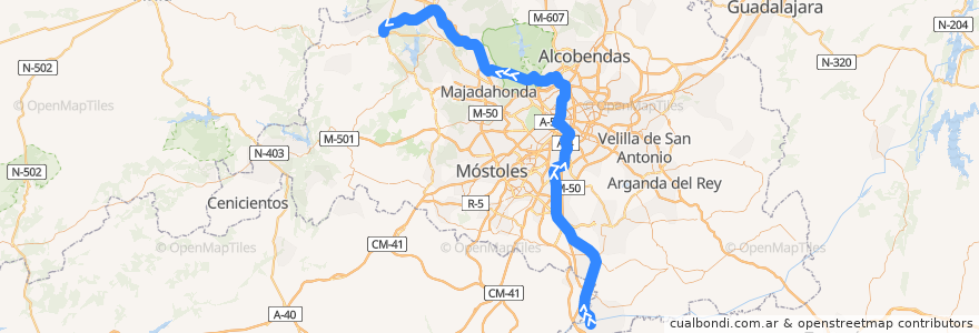 Mapa del recorrido C-3. Aranjuez → Atocha → Sol → Chamartín → El Escorial de la línea  en Comunidade de Madrid.