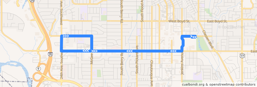 Mapa del recorrido Lindsey West de la línea  en Norman.