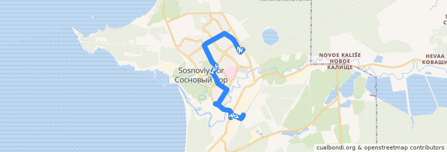Mapa del recorrido Автобус № 5: АТП => ж/д станция Калище de la línea  en Sosnovy Bor.