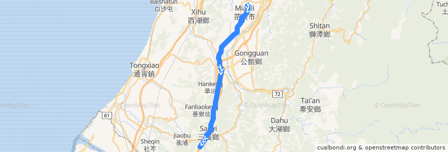 Mapa del recorrido 5664 苗栗→三義(經銅鑼) de la línea  en Contea di Miaoli.