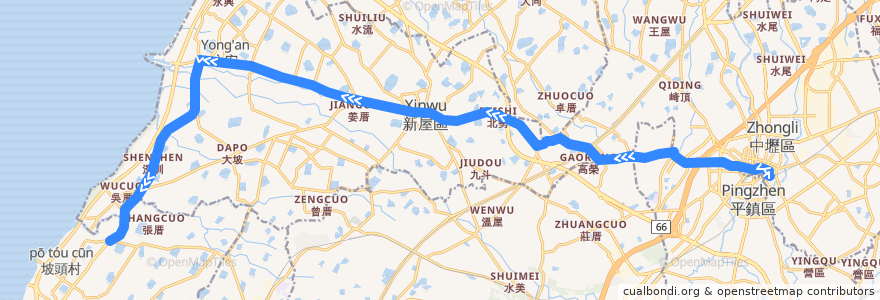 Mapa del recorrido 5027 中壢→後湖 de la línea  en Taoyuan.