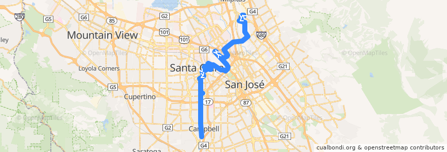 Mapa del recorrido VTA 60: Milpitas BART => Winchester de la línea  en Santa Clara County.
