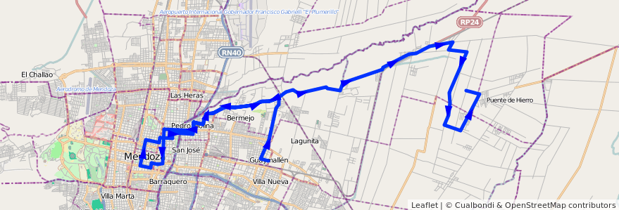 Mapa del recorrido 54 - Bermejo - Centro - Colonia Molina  de la línea G05 en Departamento Guaymallén.