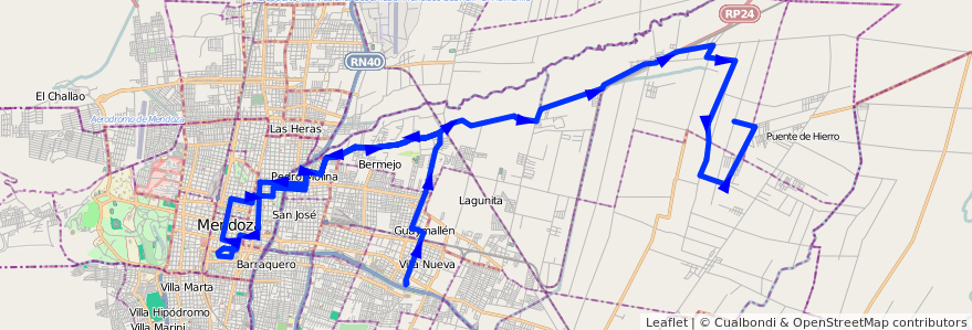 Mapa del recorrido 54 - Colonia Molina - Centro - Casa de Gob. - Control  de la línea G05 en Мендоса.