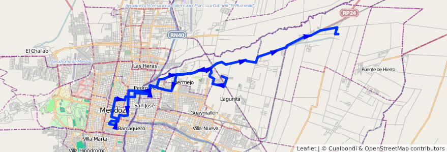 Mapa del recorrido 54 - Colonia Segovia - Casa de Gob. - Alameda - Esc. Pouget - El Carmen de la línea G05 en Mendoza.