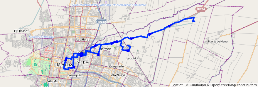 Mapa del recorrido 54 - Colonia Segovia - Centro - Alameda - El Carmen de la línea G05 en Mendoza.