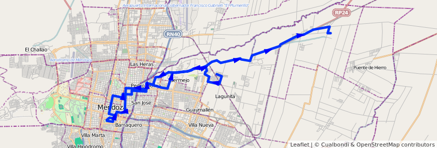 Mapa del recorrido 54 - Colonia Segovia - Centro - Casa de Gob. - Alameda - El Carmen de la línea G05 en Mendoza.