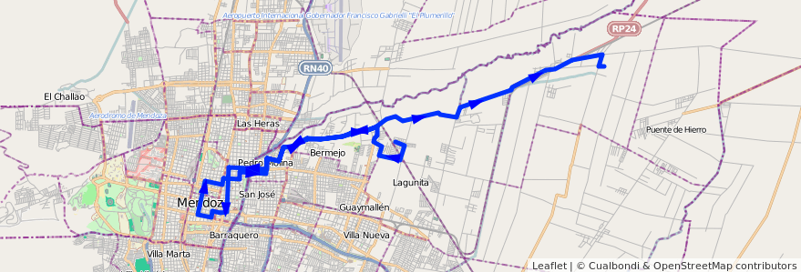 Mapa del recorrido 54 - El Carmen - Centro - Hospital el Sauce - Colonia Segovia de la línea G05 en 门多萨省.