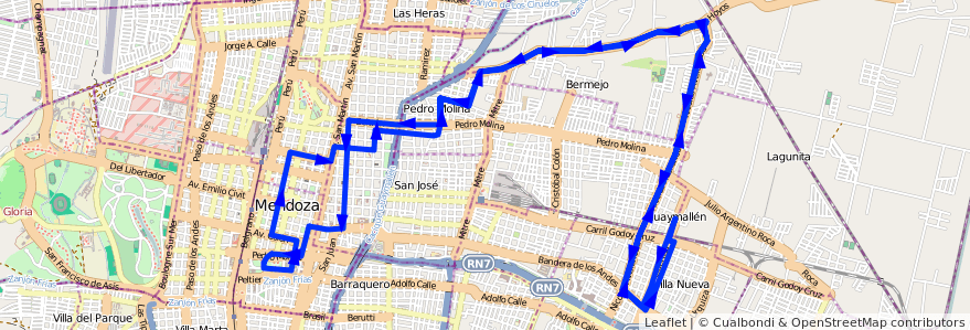 Mapa del recorrido 54 - Muni. Guaymallén - Bermejo - Casa de Gob. - Muni. Guaymallén de la línea G05 en Mendoza.