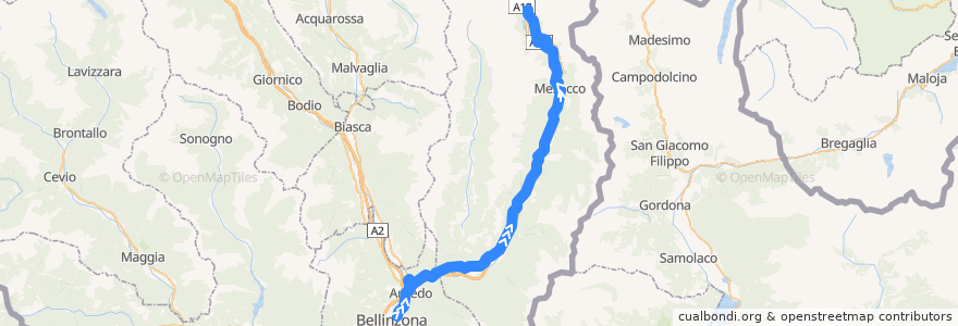 Mapa del recorrido Bus 214: Bellinzona => San Bernardino de la línea  en Schweiz/Suisse/Svizzera/Svizra.