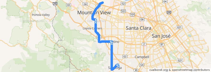 Mapa del recorrido VTA 51: West Valley College => Moffett Field/Ames Center de la línea  en Santa Clara County.