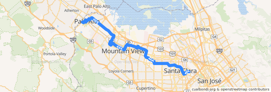 Mapa del recorrido VTA 21: Santa Clara Transit Center => Stanford Shopping Center de la línea  en Santa Clara County.