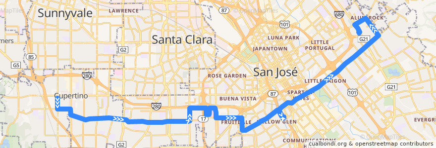 Mapa del recorrido VTA 25: De Anza College => Santa Clara Valley Medical Center => Alum Rock de la línea  en San Jose.