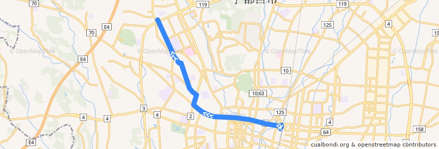 Mapa del recorrido 関東自動車バス[53] 宇都宮駅⇒和尚塚⇒細谷車庫 de la línea  en 宇都宮市.