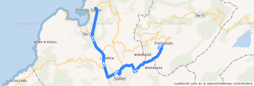 Mapa del recorrido Bus 212: Port de Sóller → Fornalutx de la línea  en Serra de Tramuntana.