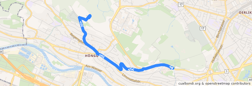 Mapa del recorrido Bus 38: Zürich, Waidspital → Schützenhaus Höngg de la línea  en Zürich.