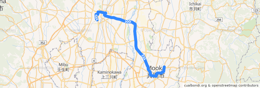 Mapa del recorrido 東野交通バス 西原車庫⇒石法寺⇒真岡営業所 de la línea  en Präfektur Tochigi.