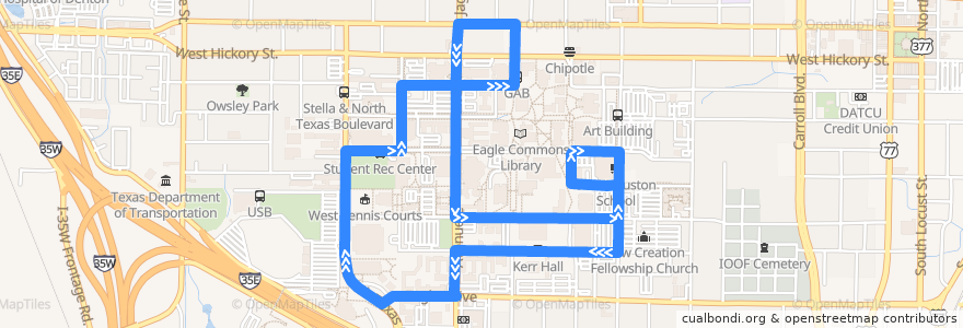 Mapa del recorrido Mean Green de la línea  en Denton.