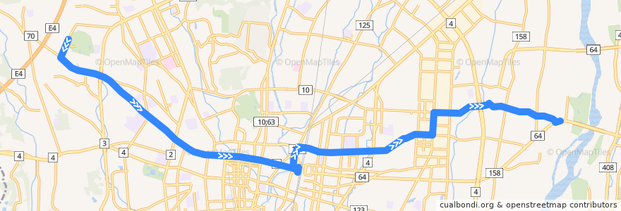 Mapa del recorrido 関東自動車バス[12] 駒生営業所⇒越戸⇒柳田車庫 de la línea  en 宇都宮市.