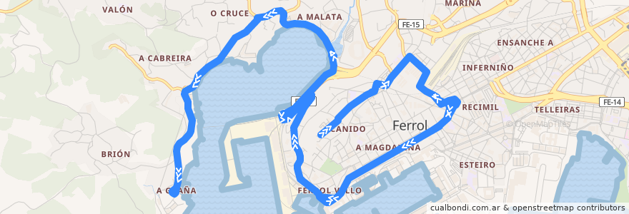 Mapa del recorrido Bus 4: Canido => A Graña de la línea  en Ferrol.