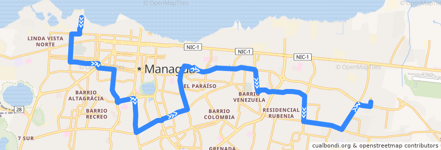 Mapa del recorrido Ruta 102: Acahualinca -> Mercado Mayoreo de la línea  en Managua.