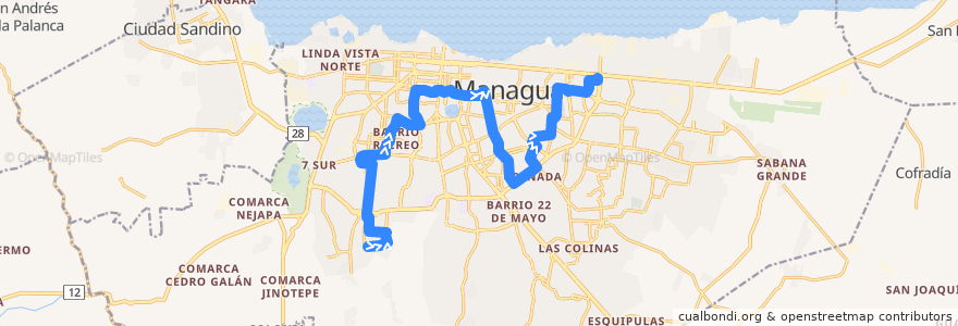 Mapa del recorrido Miniruta 4 (261): Villa Roma -> Barrio Santa Rosa de la línea  en Managua.