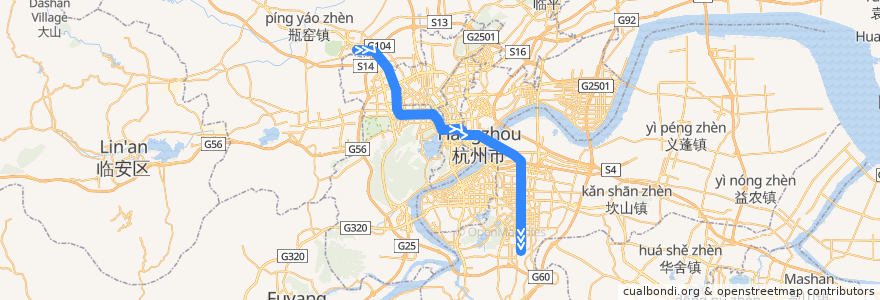 Mapa del recorrido 杭州地铁2号线 de la línea  en Hangzhou.