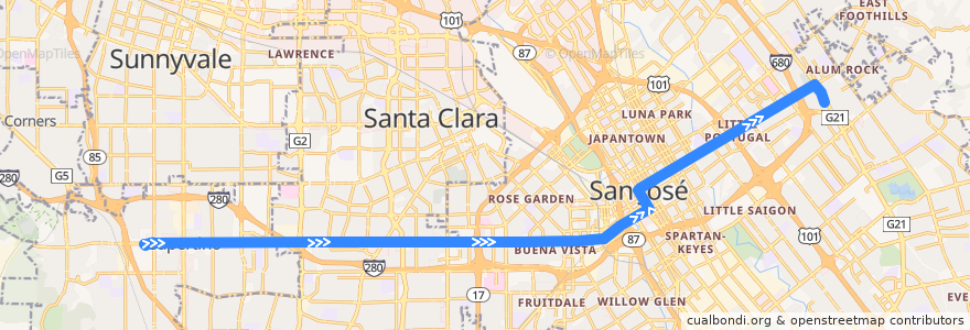 Mapa del recorrido VTA 23: De Anza College => Alum Rock de la línea  en Santa Clara County.