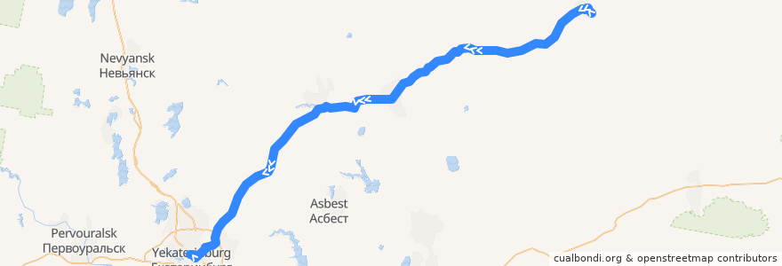 Mapa del recorrido Рейс 1055: Туринск — Екатеринбург de la línea  en Свердловская область.