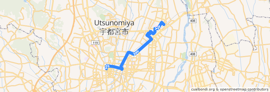 Mapa del recorrido 関東自動車バス 宇都宮東武⇒上野団地⇒岡本駅西口 de la línea  en 宇都宮市.