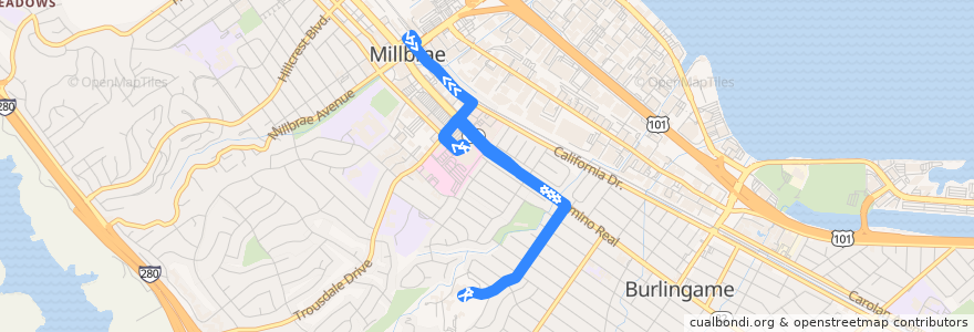 Mapa del recorrido Commute.org North Burlingame Shuttle: Millbrae => Mills-Peninsula Medical Center => Sisters of Mercy => Millbrae (mornings) de la línea  en San Mateo County.