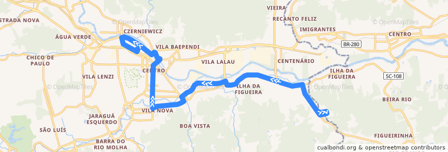 Mapa del recorrido Lot. Piazera - Terminal de la línea  en Jaraguá do Sul.