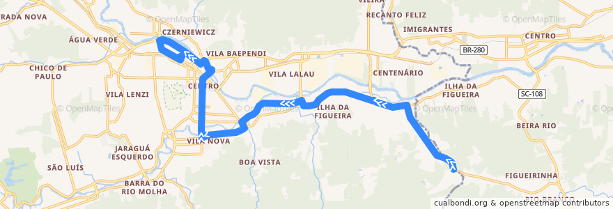 Mapa del recorrido Pedreira - Terminal de la línea  en Jaraguá do Sul.