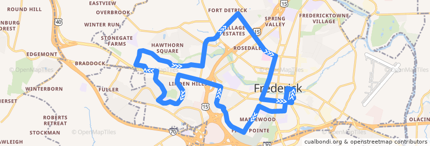 Mapa del recorrido 50: Frederick Towne Mall Connector (via Prospect Boulevard) de la línea  en Frederick.