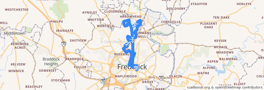 Mapa del recorrido 61: FCC Connector (via Taney Avenue) de la línea  en Frederick.