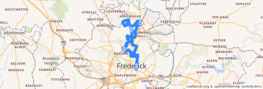 Mapa del recorrido 60: FCC Connector (via East Street) de la línea  en Frederick.