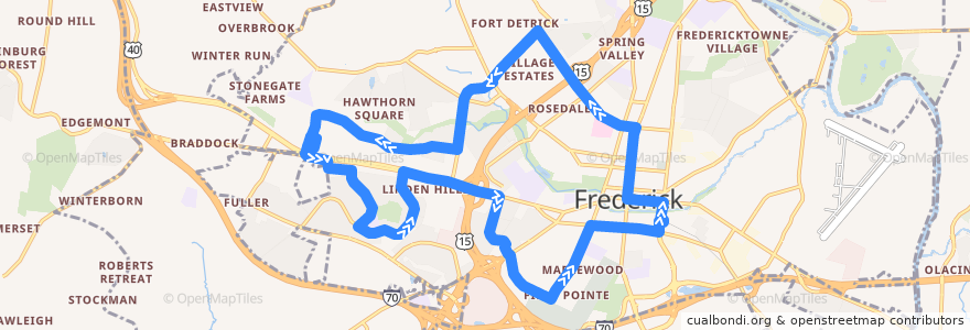 Mapa del recorrido 51: Frederick Towne Mall Connector (via 7th Street) de la línea  en Frederick.