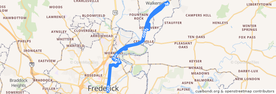 Mapa del recorrido 65: Walkersville Connector de la línea  en Frederick County.