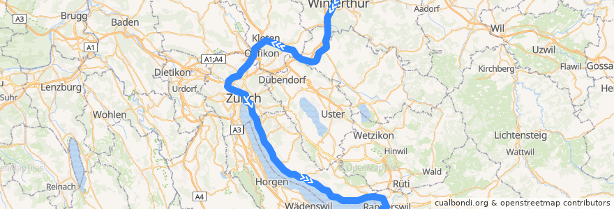 Mapa del recorrido S7: Winterthur –> Rapperswil SG de la línea  en Zurique.