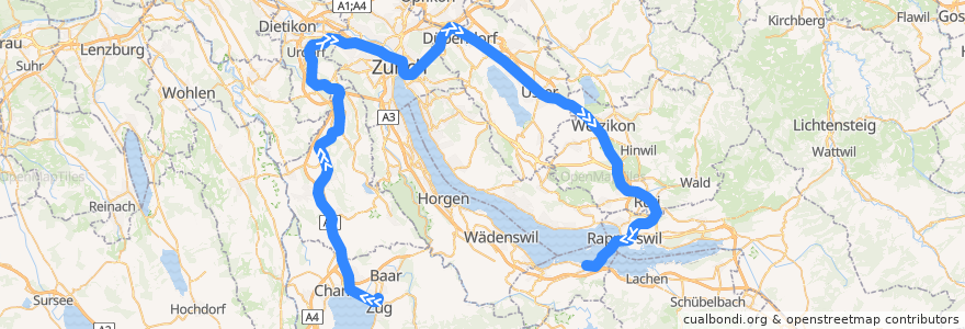 Mapa del recorrido S5: Zug –> Pfäffkon SZ de la línea  en Zürich.