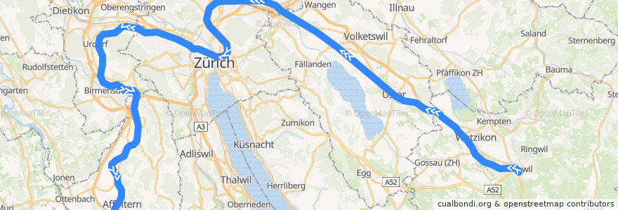 Mapa del recorrido S14: Hinwil –> Affoltern am Albis de la línea  en Zürih.