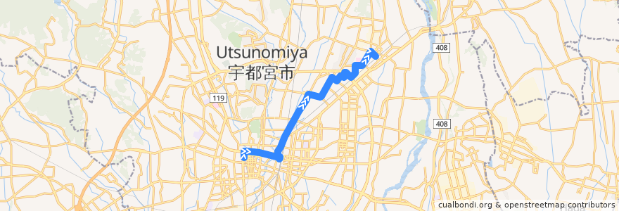 Mapa del recorrido 関東自動車バス 宇都宮東武⇒御幸ヶ原元町・上野団地⇒岡本駅西口 de la línea  en 宇都宮市.