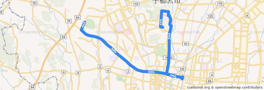 Mapa del recorrido 関東自動車バス[16] 駒生営業所⇒宇商高⇒富士見ヶ丘団地 de la línea  en 宇都宮市.