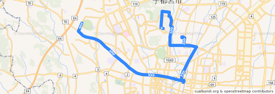 Mapa del recorrido 関東自動車バス[16] 駒生営業所⇒竹林・済生会病院⇒富士見ヶ丘団地 de la línea  en Utsunomiya.