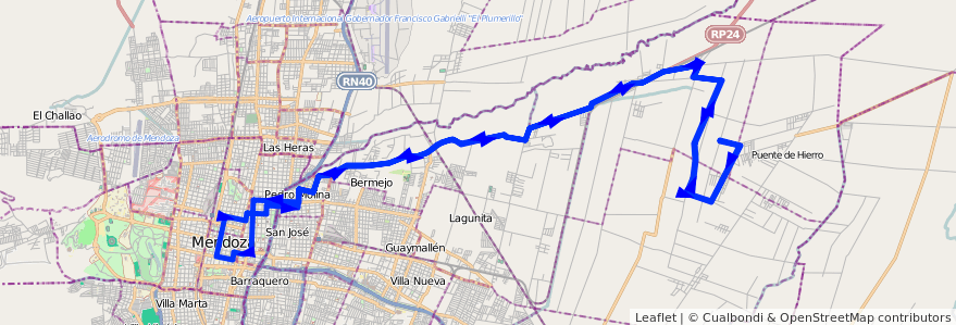 Mapa del recorrido 55 - Colonia Molina - Centro - Colonia Molina de la línea G05 en Departamento Guaymallén.