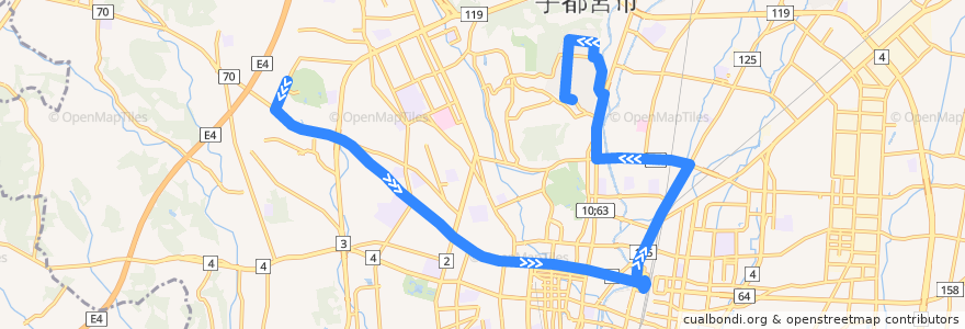 Mapa del recorrido 関東自動車バス[16] 駒生営業所⇒竹林⇒富士見ヶ丘団地 de la línea  en Utsunomiya.